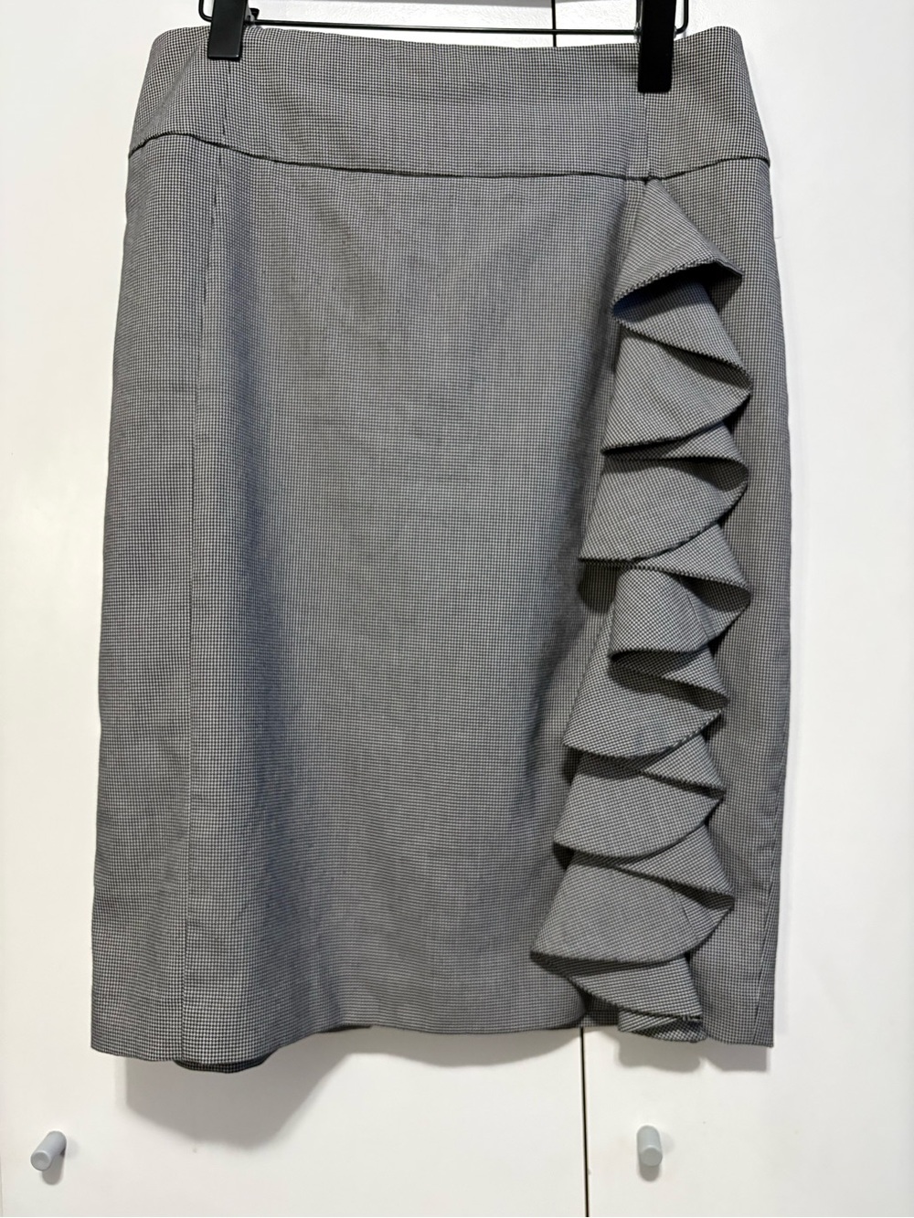 Express Gray Midi Pencil Skirt with Side Ruffle